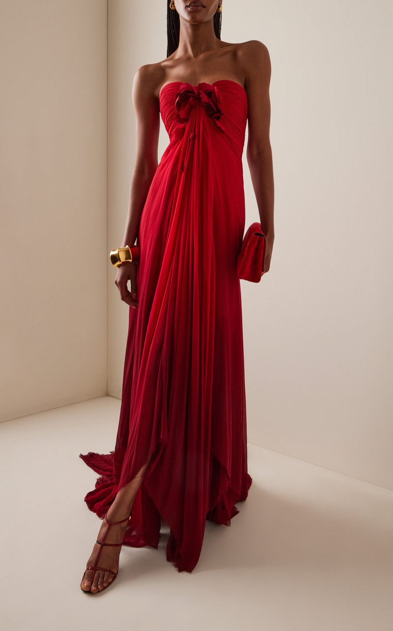 Oscar de la Renta Embroidered Silk Chiffon Gown red outlook