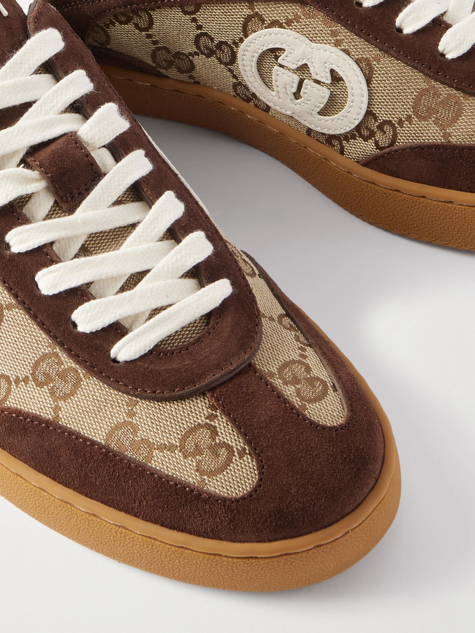 G74 Suede and Leather-Trimmed Monogrammed Canvas Sneakers Brown - 5