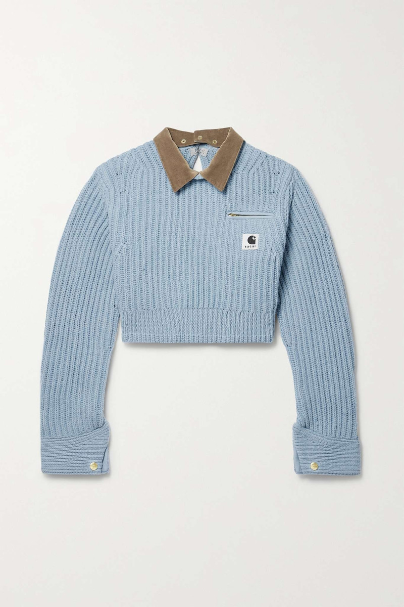 + Carhartt WIP Detroit cropped velvet-trimmed ribbed wool-blend sweater 1