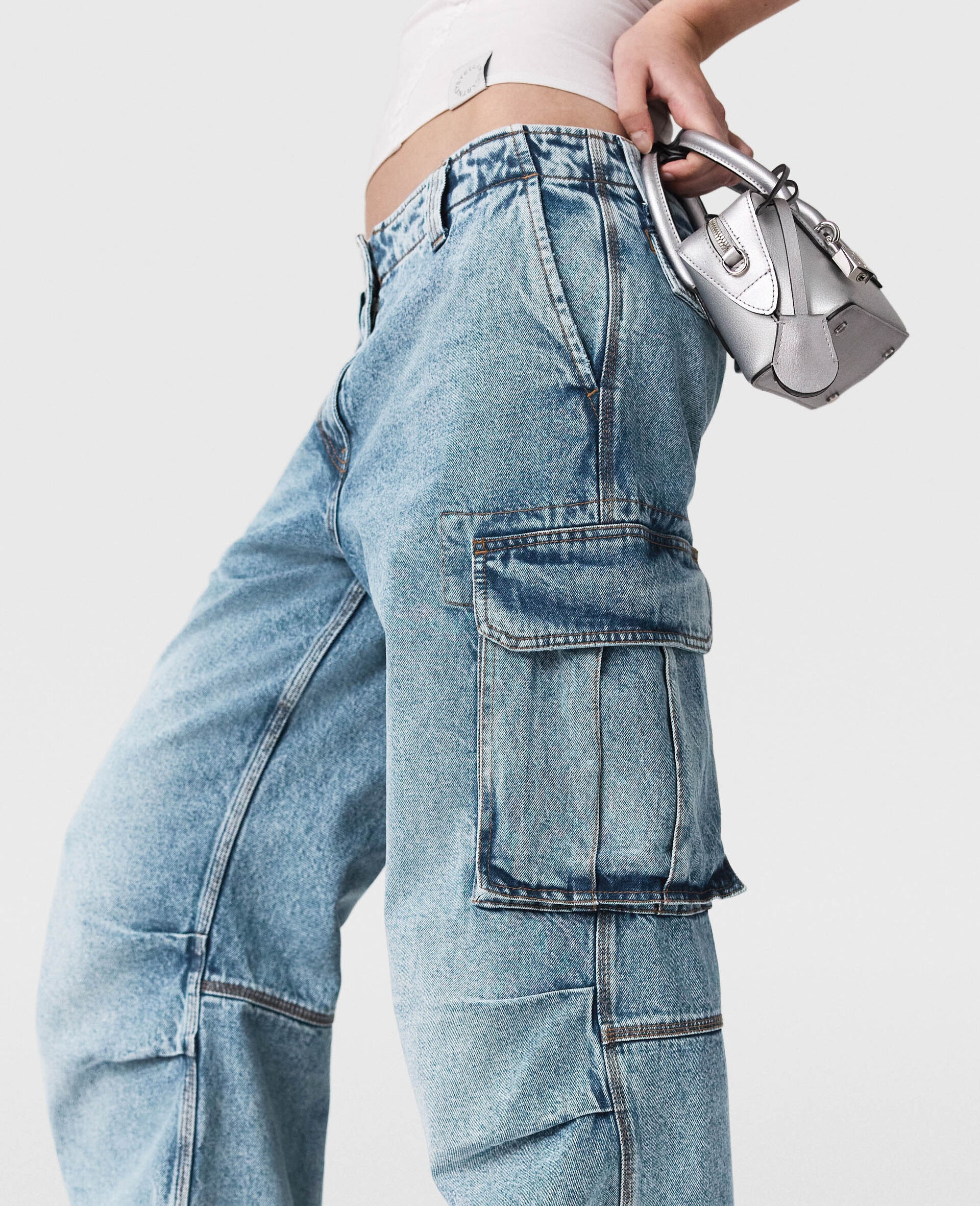 Vintage Wash Denim Cargo Jeans - 4