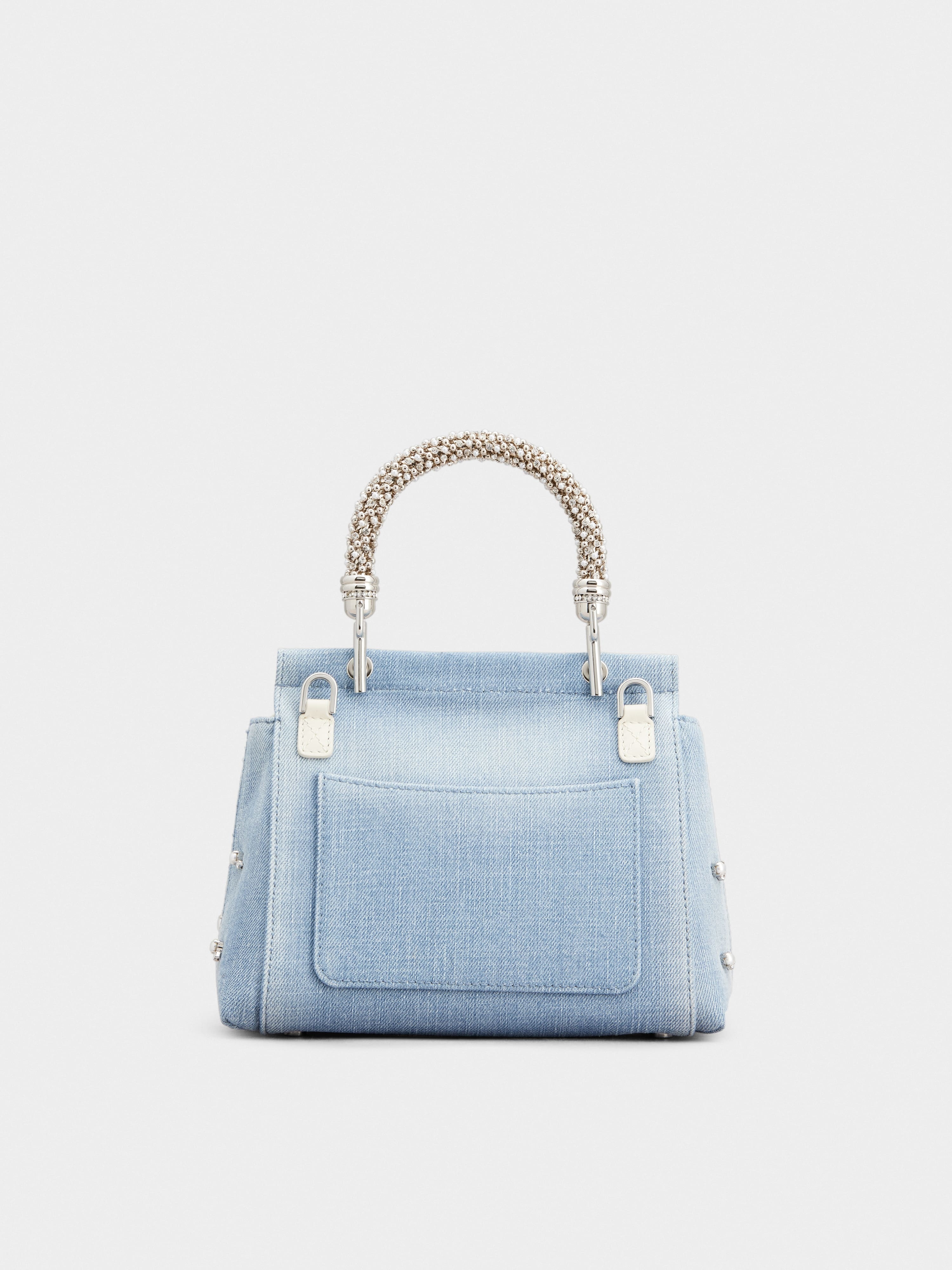 Viv' Cabas Jewel Flower Strass Pearl Buckle Mini Bag in Denim - 4