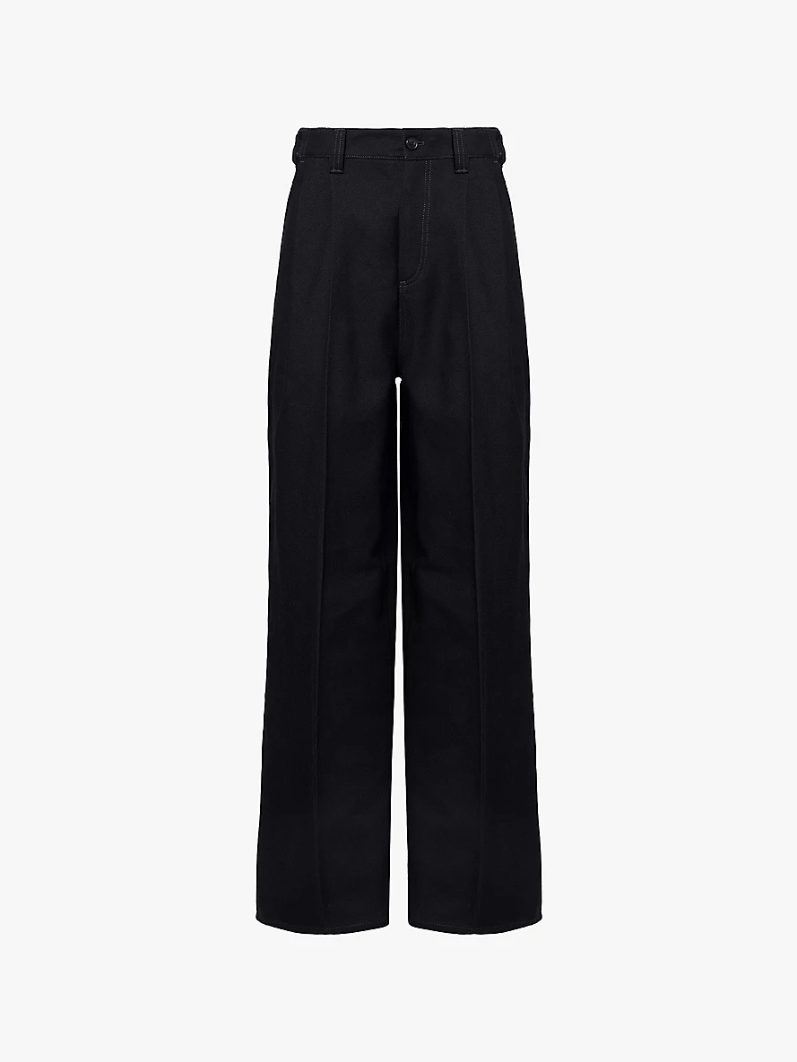 Twill-texture elasticated waistband wide-leg high-rise cotton and wool trousers - 1