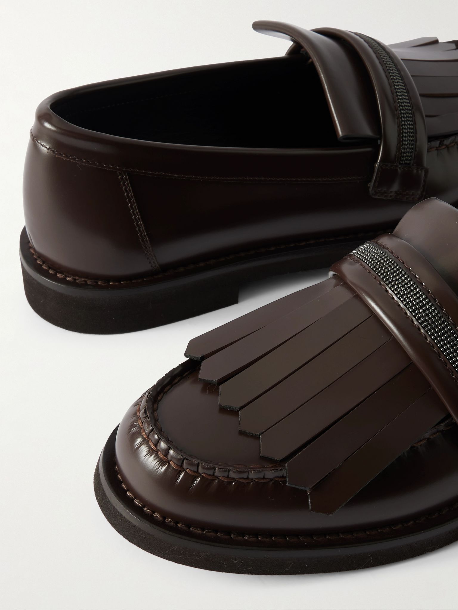 Bead-embellished fringed leather loafers Dark brown - 4
