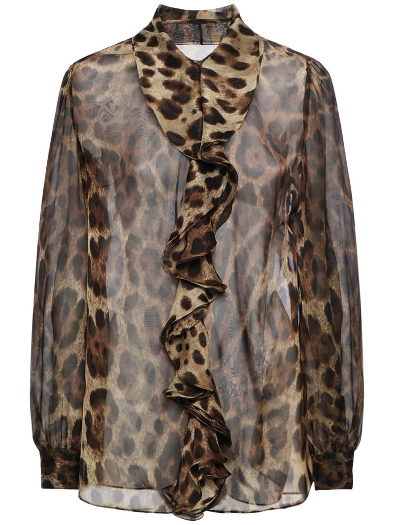 Leopard print ruffled silk chiffon shirt - 1