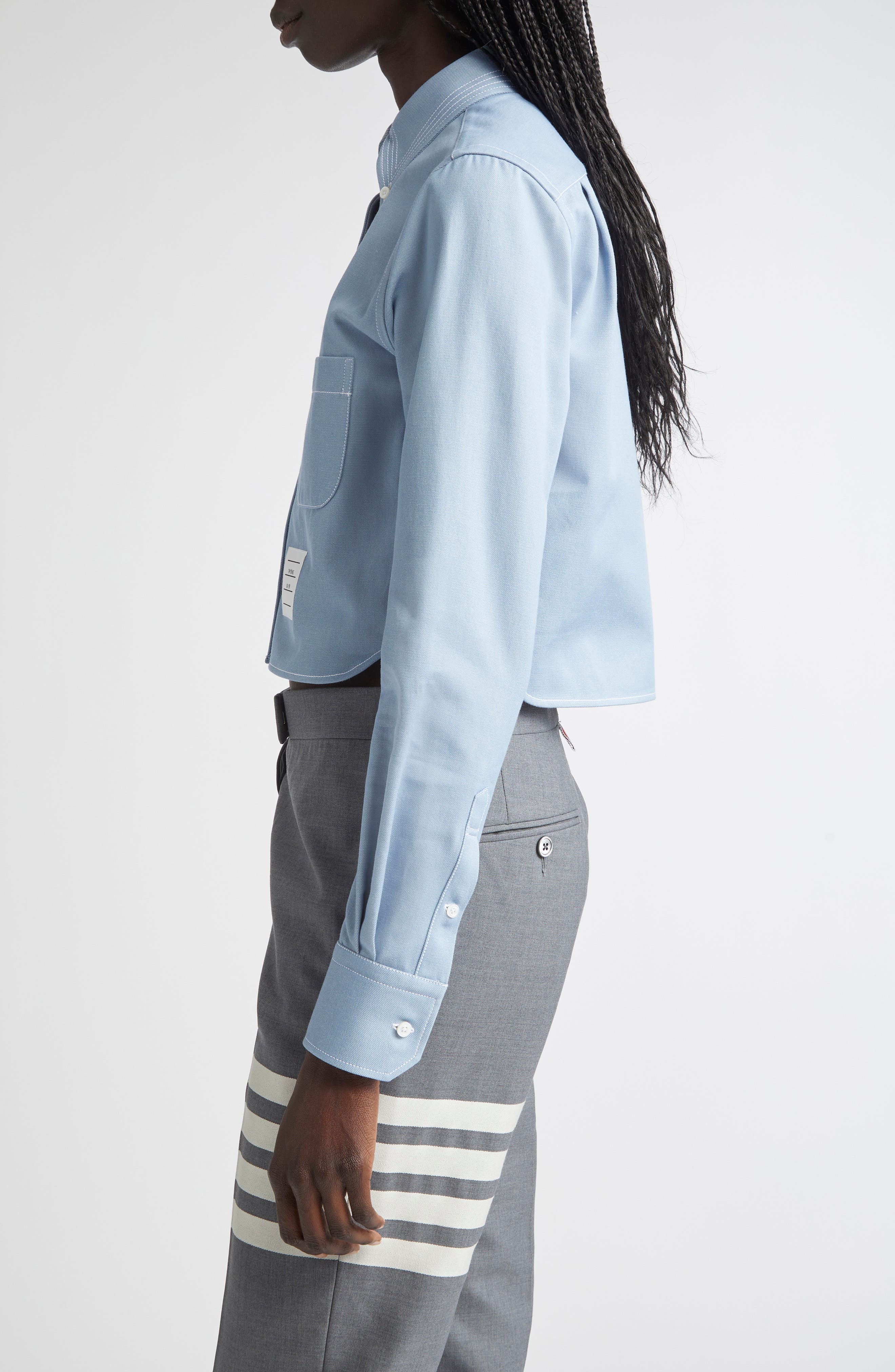 Thom Browne Classic Denim Cropped Button-Down Shirt in Light Blue at Nordstrom - 4