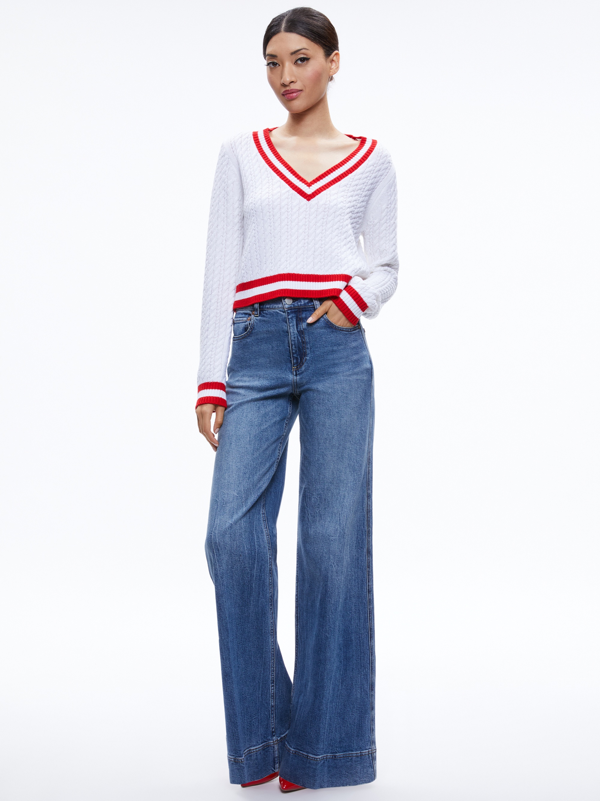 MARIKA CABLE KNIT V-NECK PULLOVER - 6