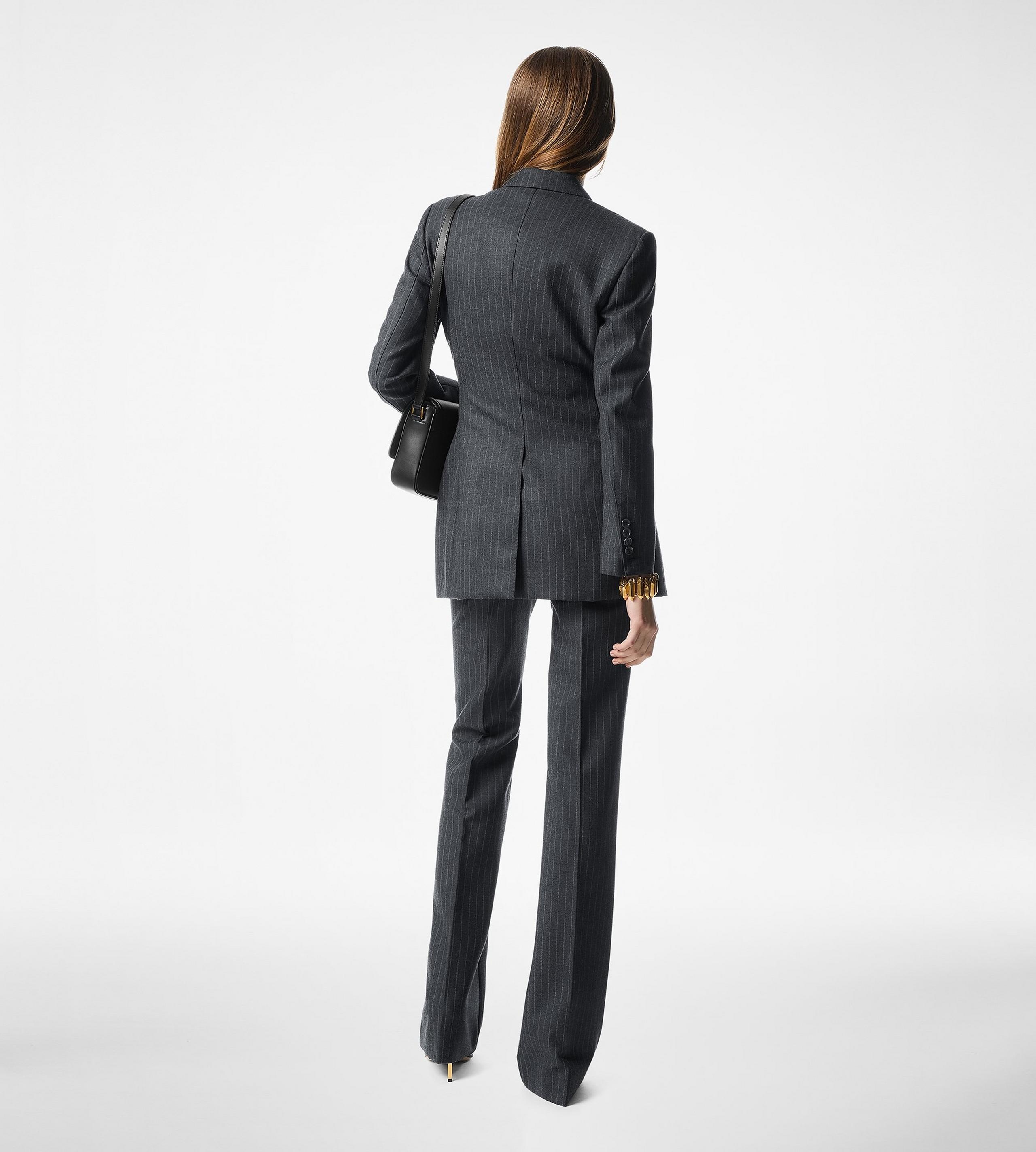 STRIPED WOOL FLANNEL TAILORED WIDE LEG PANTS - 4