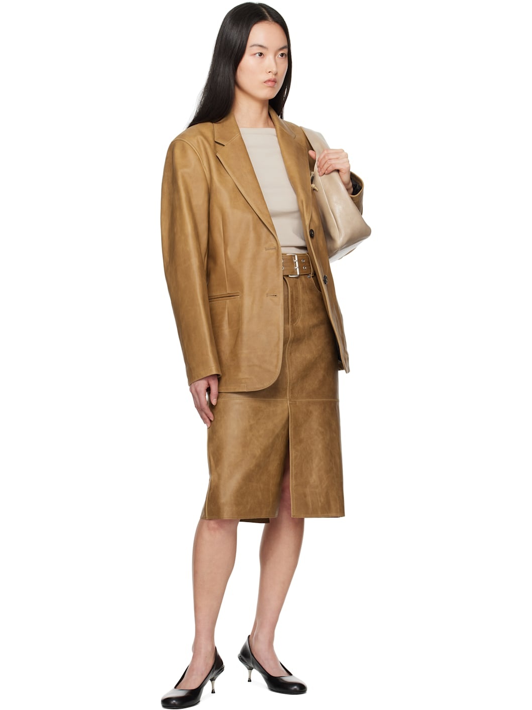 Tan Opening Leather Blazer - 5