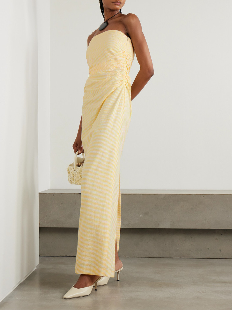 BERNADETTE Vera Strapless Ruched Striped Cotton-seersucker Maxi Dress outlook
