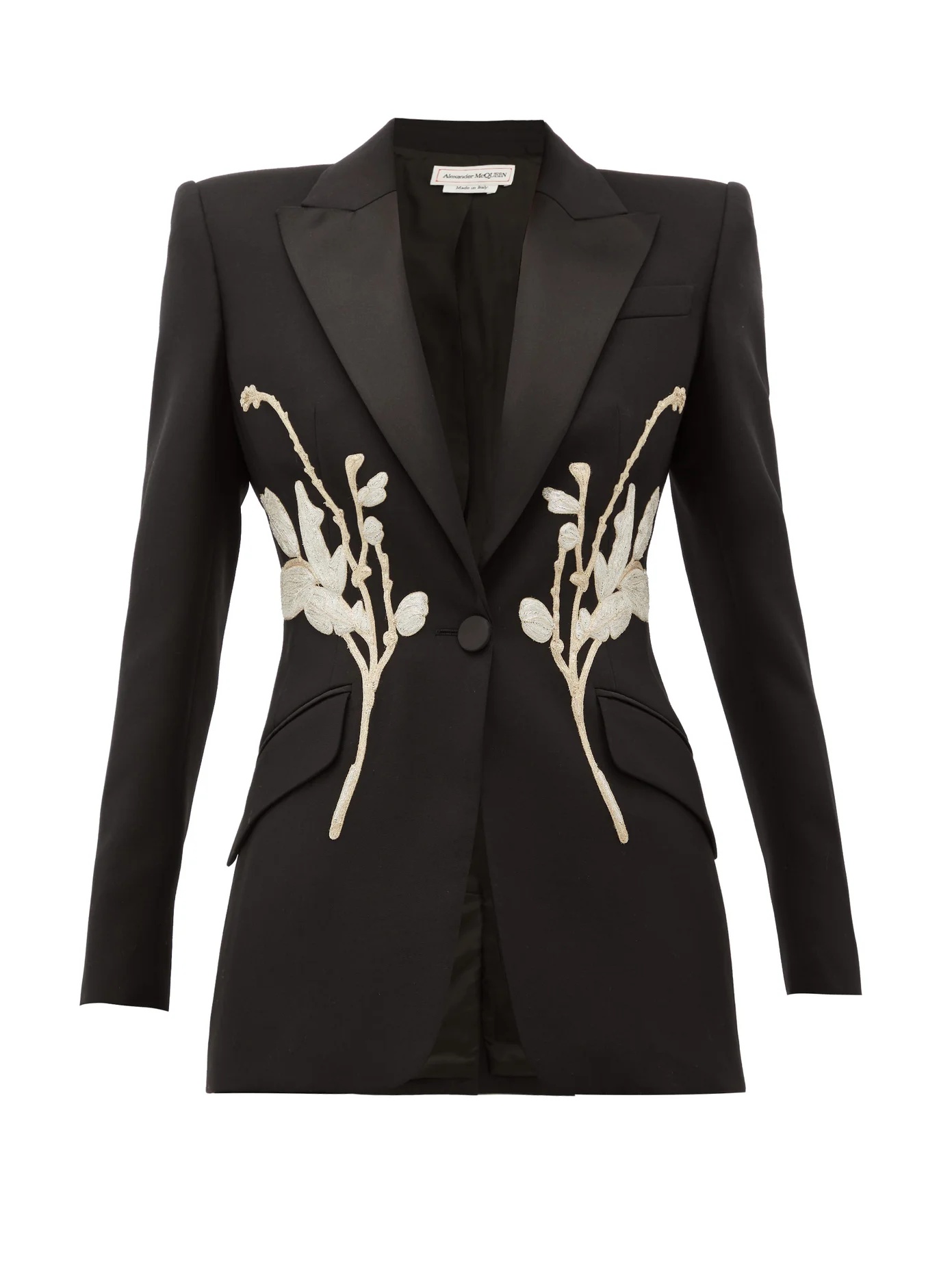 Floral-beaded satin-lapel wool-blend jacket - 1