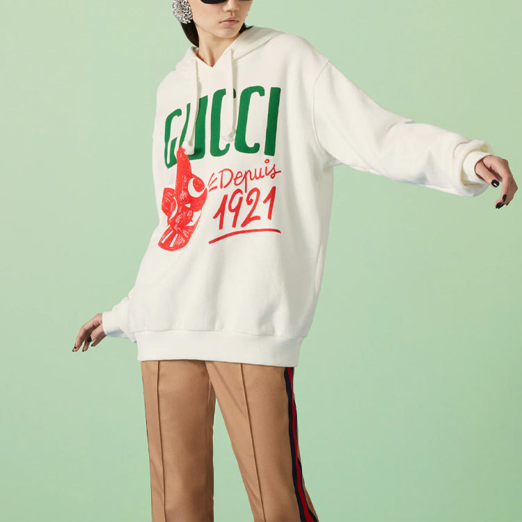 (WMNS) Gucci Cotton jersey hooded sweatshirt with Gucci Depuis 1921 cat print 'White' 717427-XJFNL-9 - 2