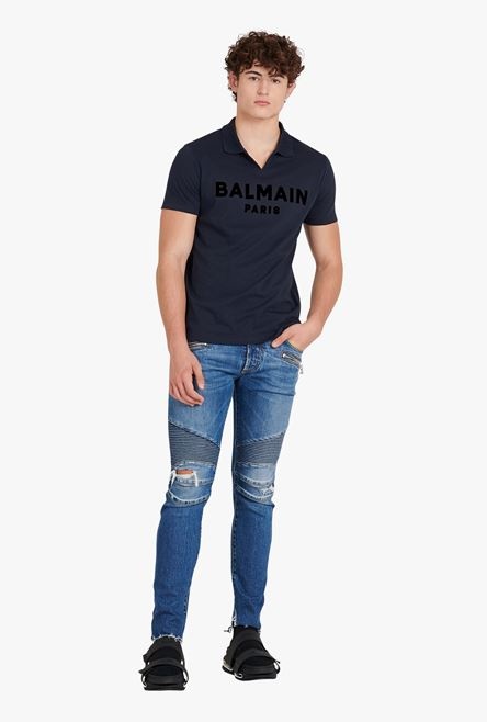 Navy blue eco-designed cotton polo with black Balmain logo print - 2