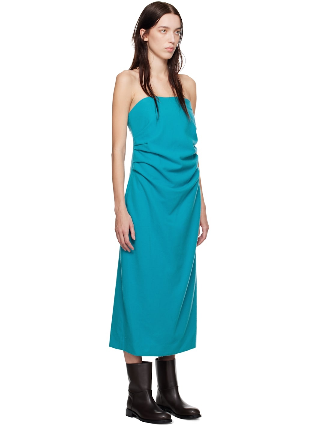 Blue Brushed Super Fine Wool Flannel Midi Dress - 2