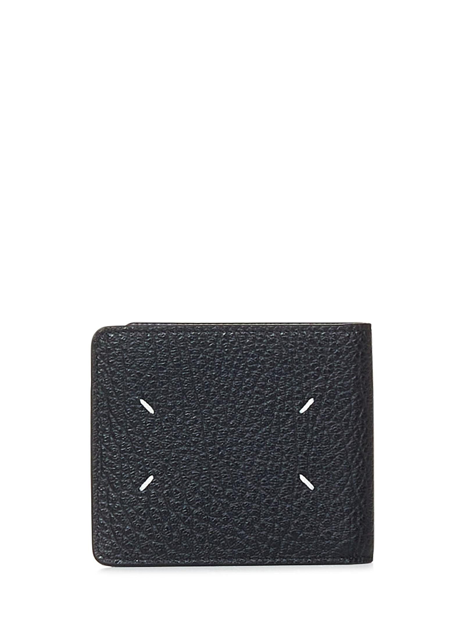 Black grained embossed calf leather bi-fold card holder with Four Stitches at back. - 2