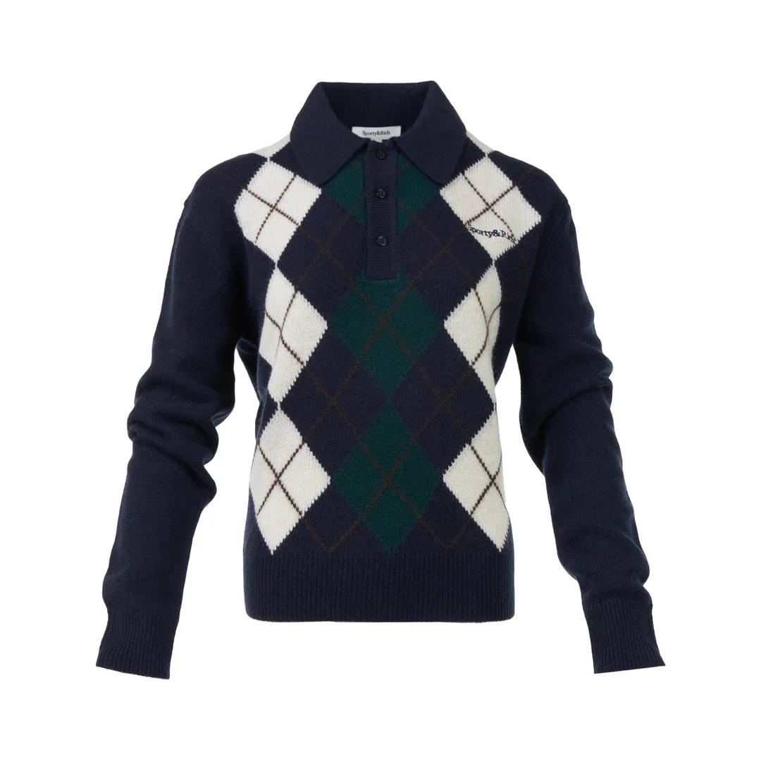 Serif Logo Argyle Cashmere Polo - 1