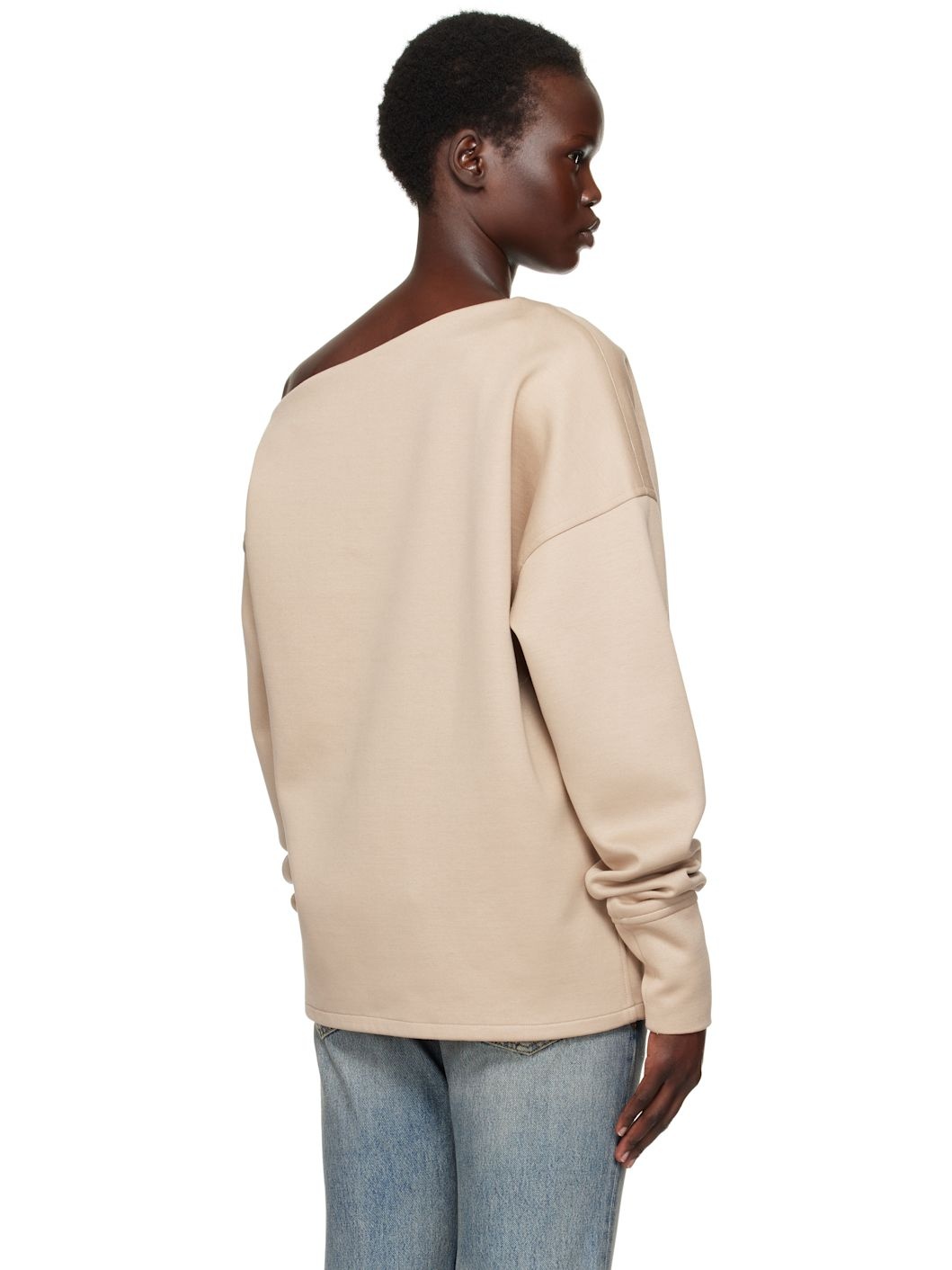 Beige Asymmetrical Jersey Off-The-Shoulder Sweatshirt - 3