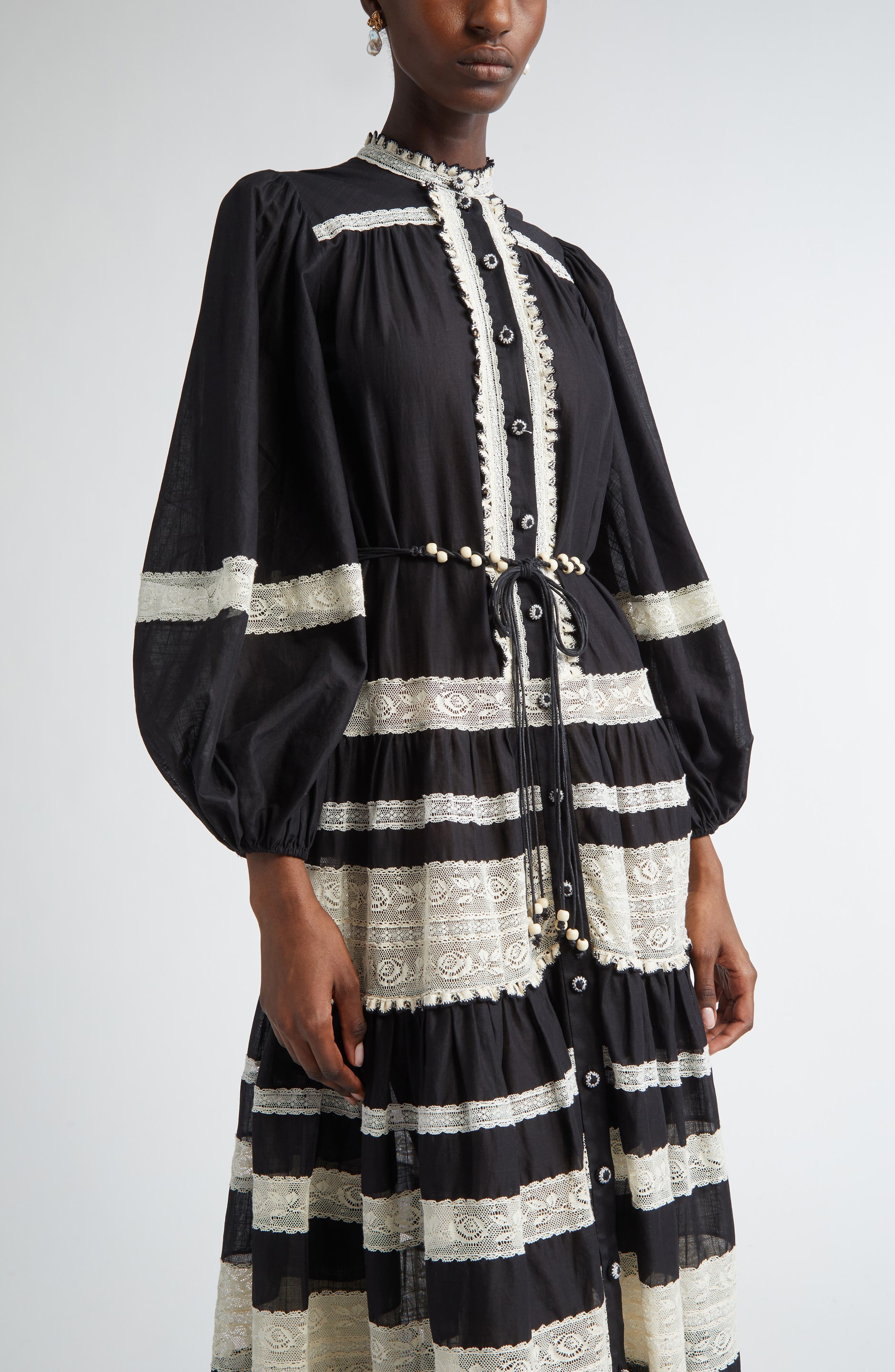 Zimmermann Rhiannon Lace Stripe Long Sleeve Billow Midi Shirtdress in Black/Cream at Nordstrom - 4