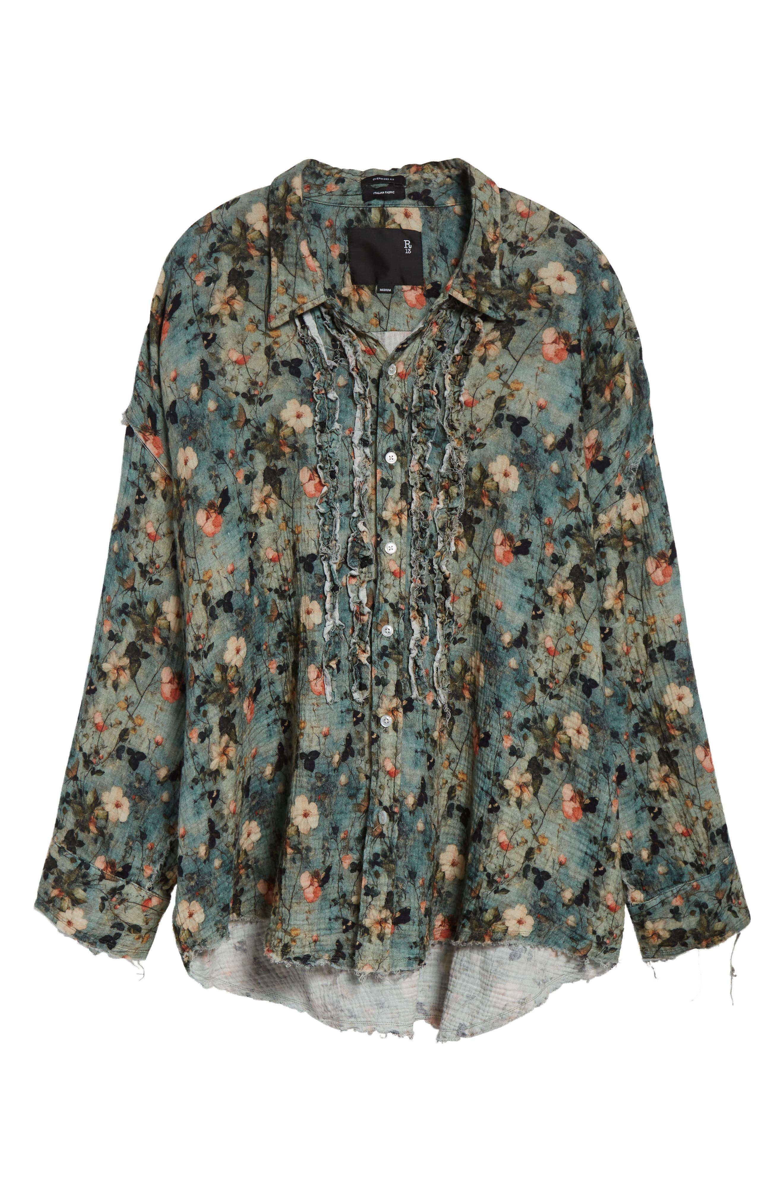 R13 Shredded Seam Ruffle Button-Up Shirt in Turquoise Floral at Nordstrom - 6