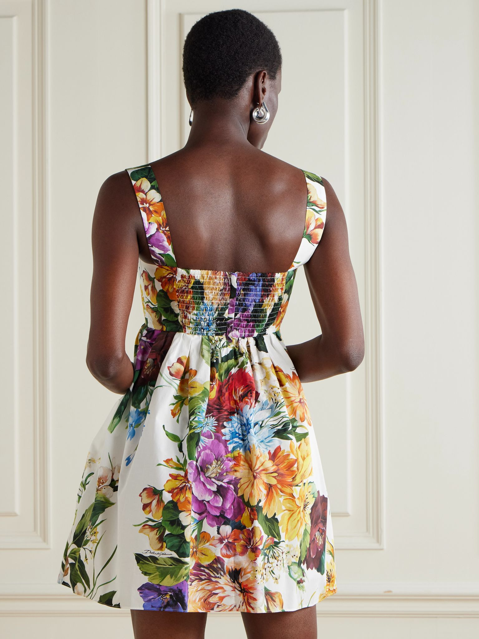 Shirred floral-print cotton-poplin bustier mini dress White - 3