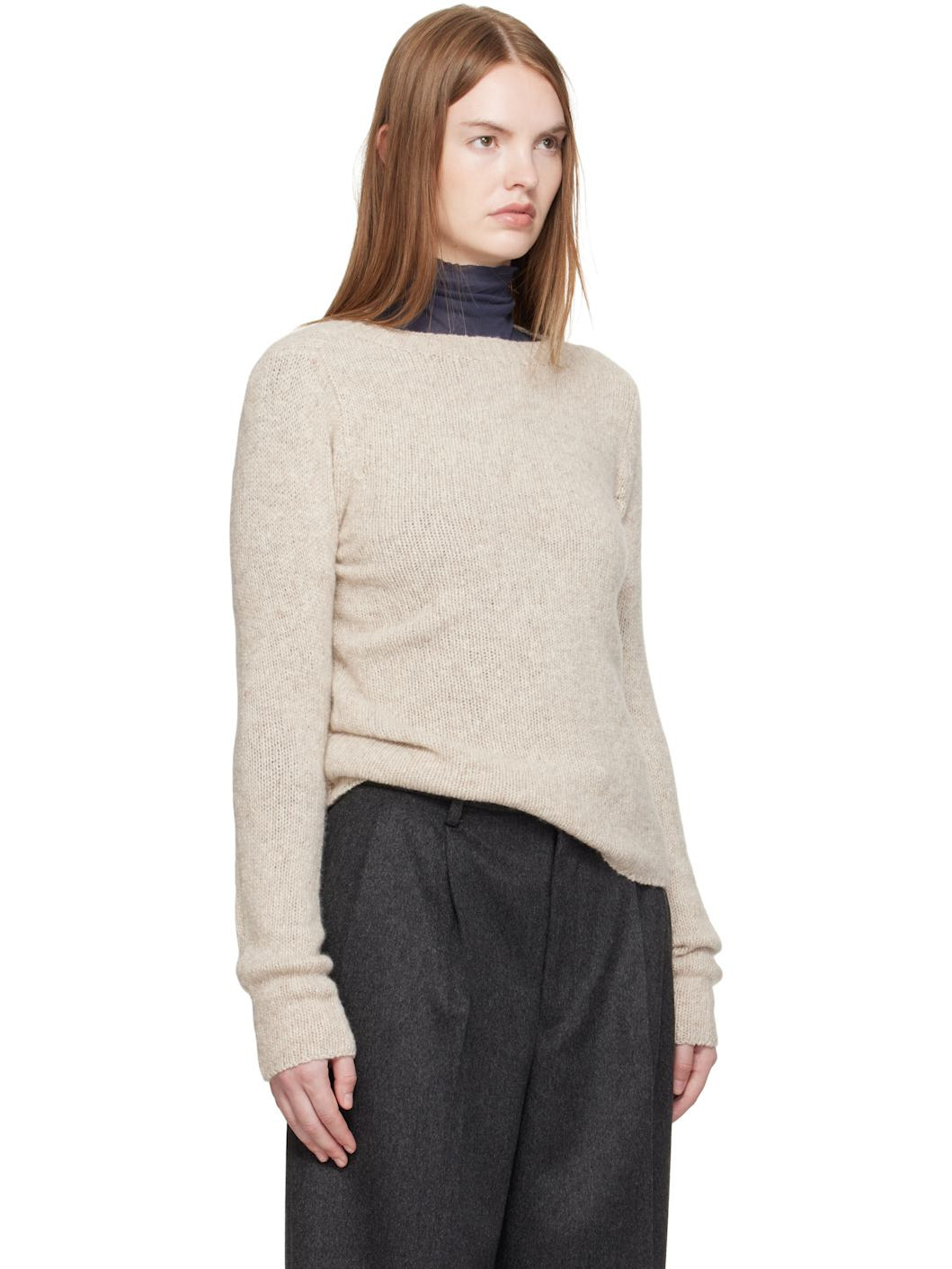 Beige Cashmere Melange Knit Sweater - 2