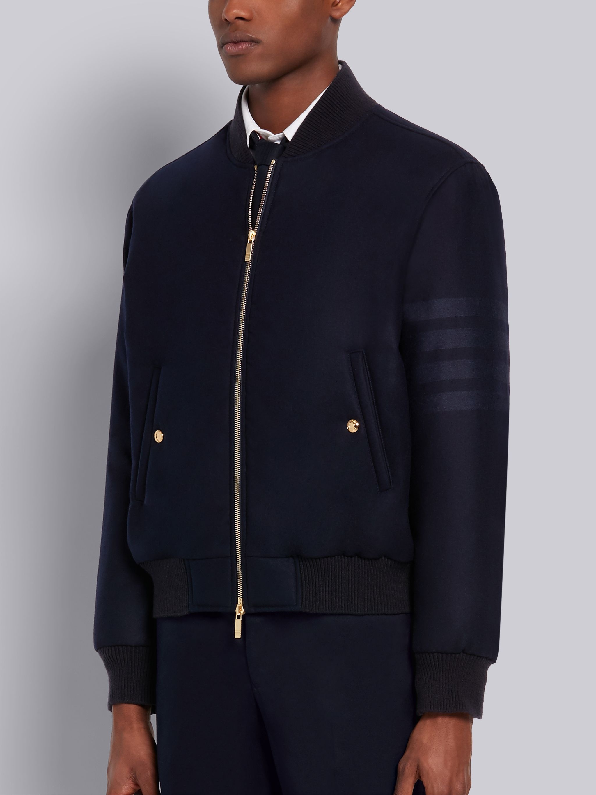 Navy Tech Down Wool Flannel Tonal 4-Bar Relaxed Blouson Jacket - 2