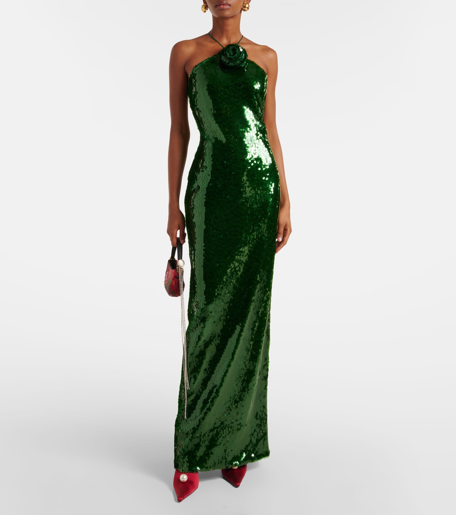 Floral-appliqué sequined halterneck gown - 2