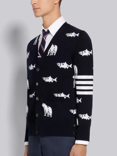 Thom Browne Navy Merino Wool Bear and Salmon Half Drop Intarsia 4-Bar Stripe Relaxed Fit V-Neck Cardigan outlook