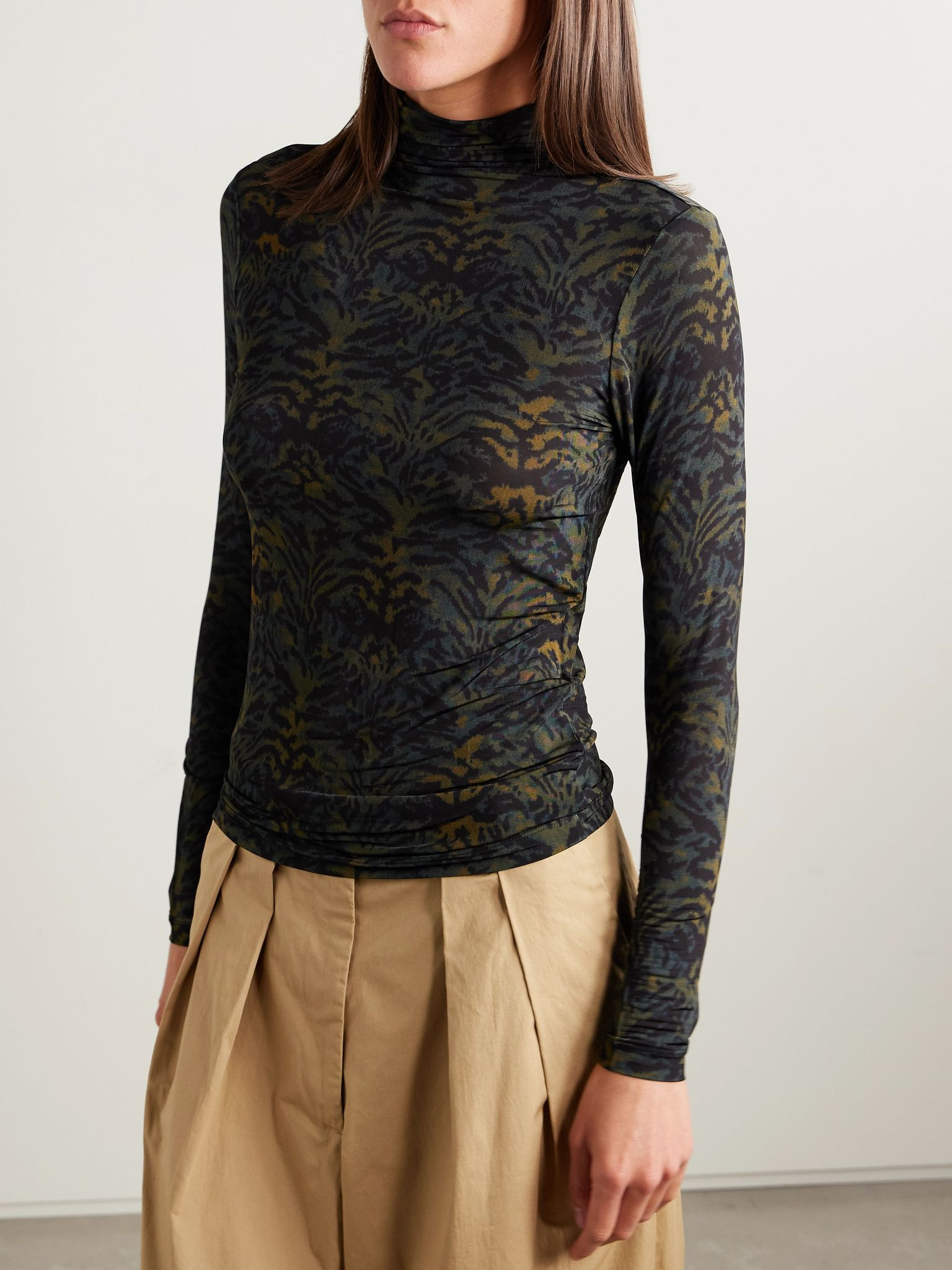 Aurelia printed stretch-jersey turtleneck top Dark green - 3