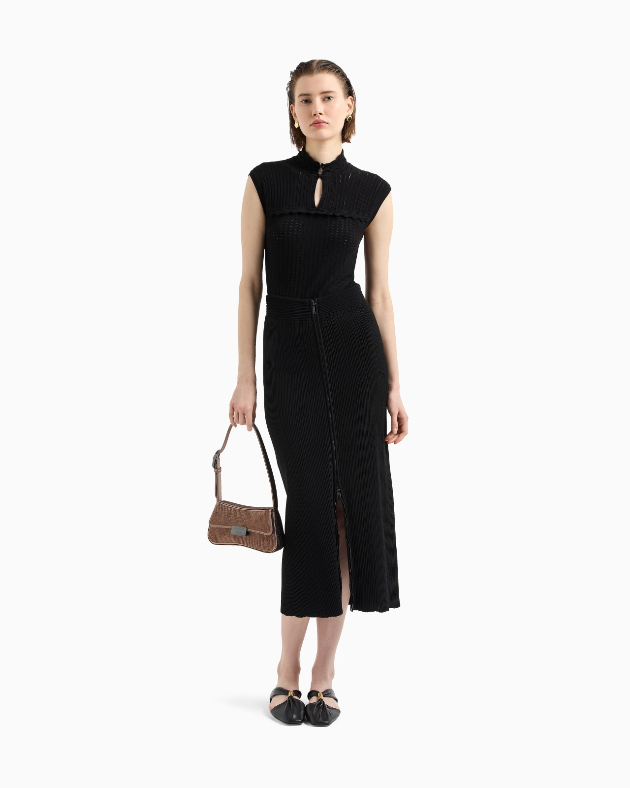 PERFORATED LACE-STITCH MOCK-NECK TOP - 2