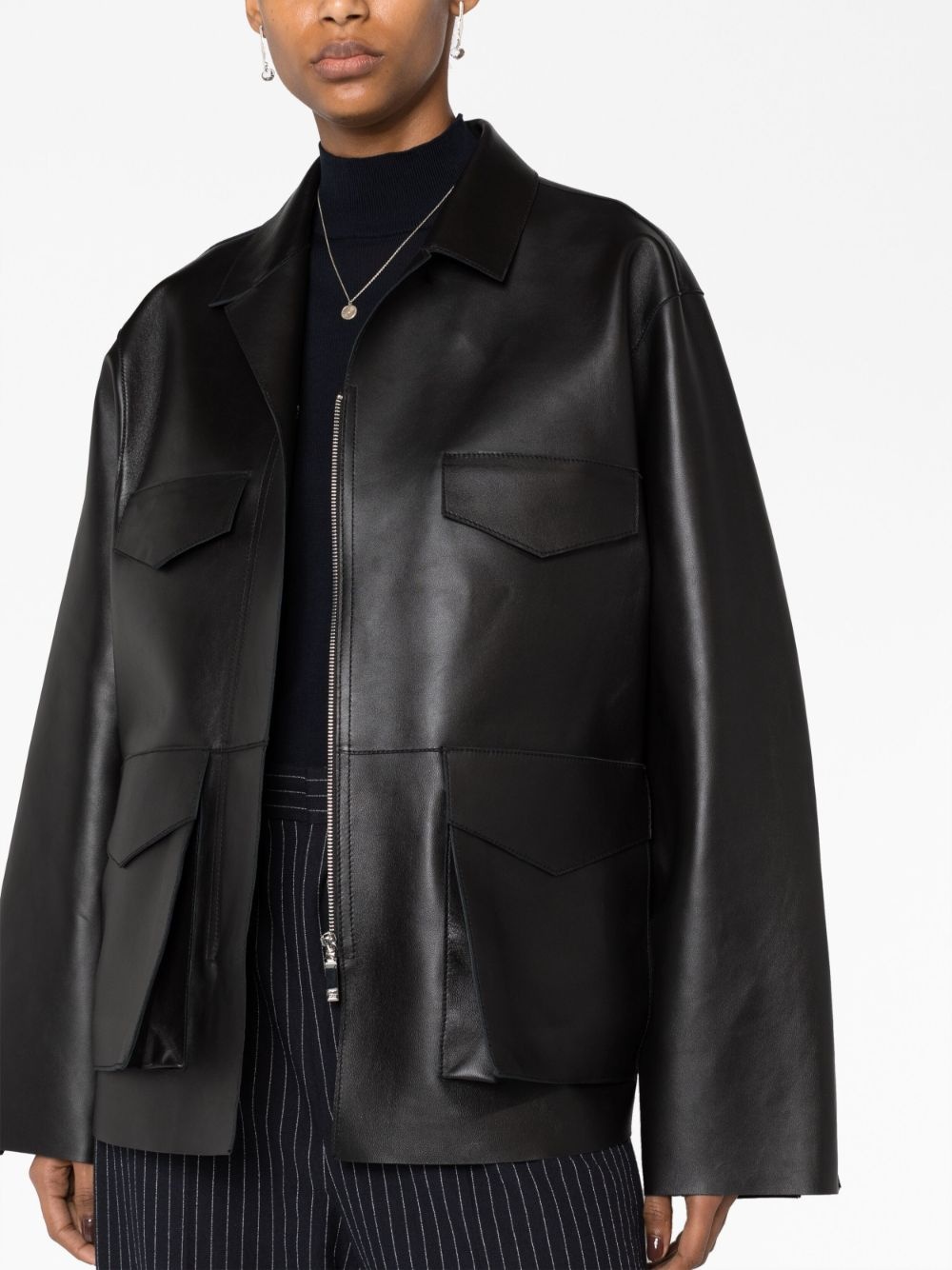zipped wide-sleeve leather jacket - 5