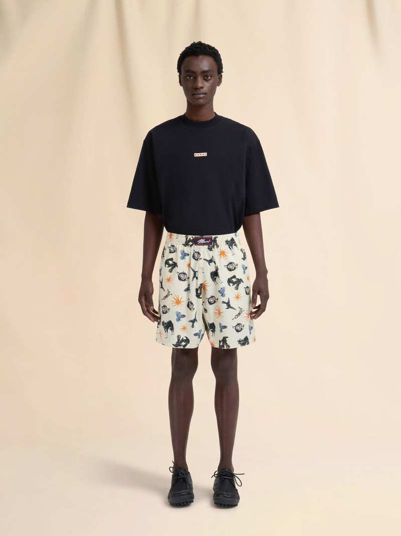 Marni CREAM POPLIN BERMUDA SHORTS WITH WOLVES, RAVENS AND DOVES PRINT outlook
