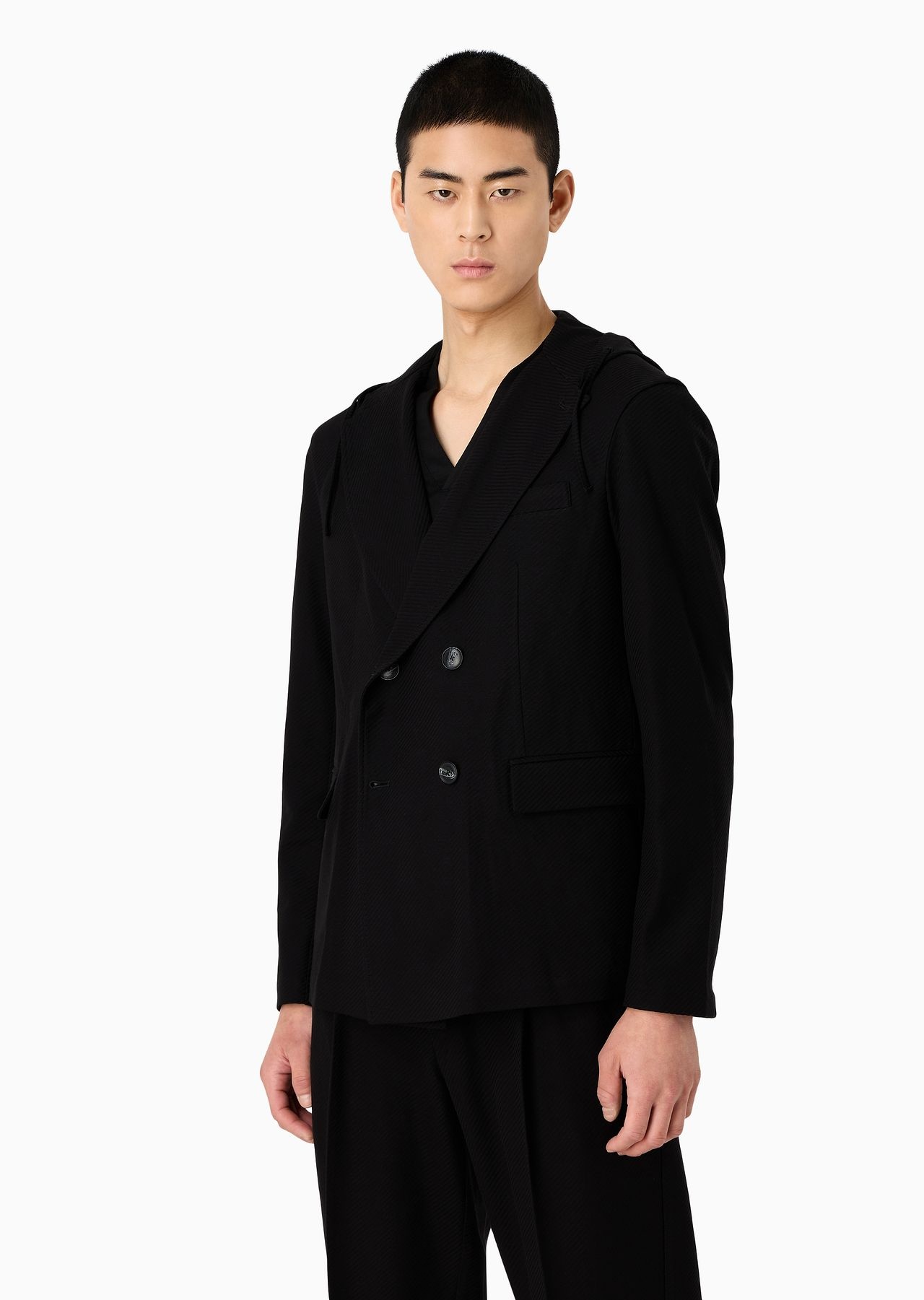Double-breasted jacket with hood in jacquard jersey - 2