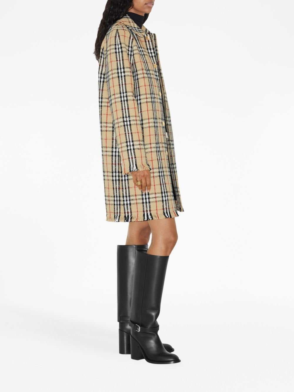 bouclé checkered buttoned raincoat - 3