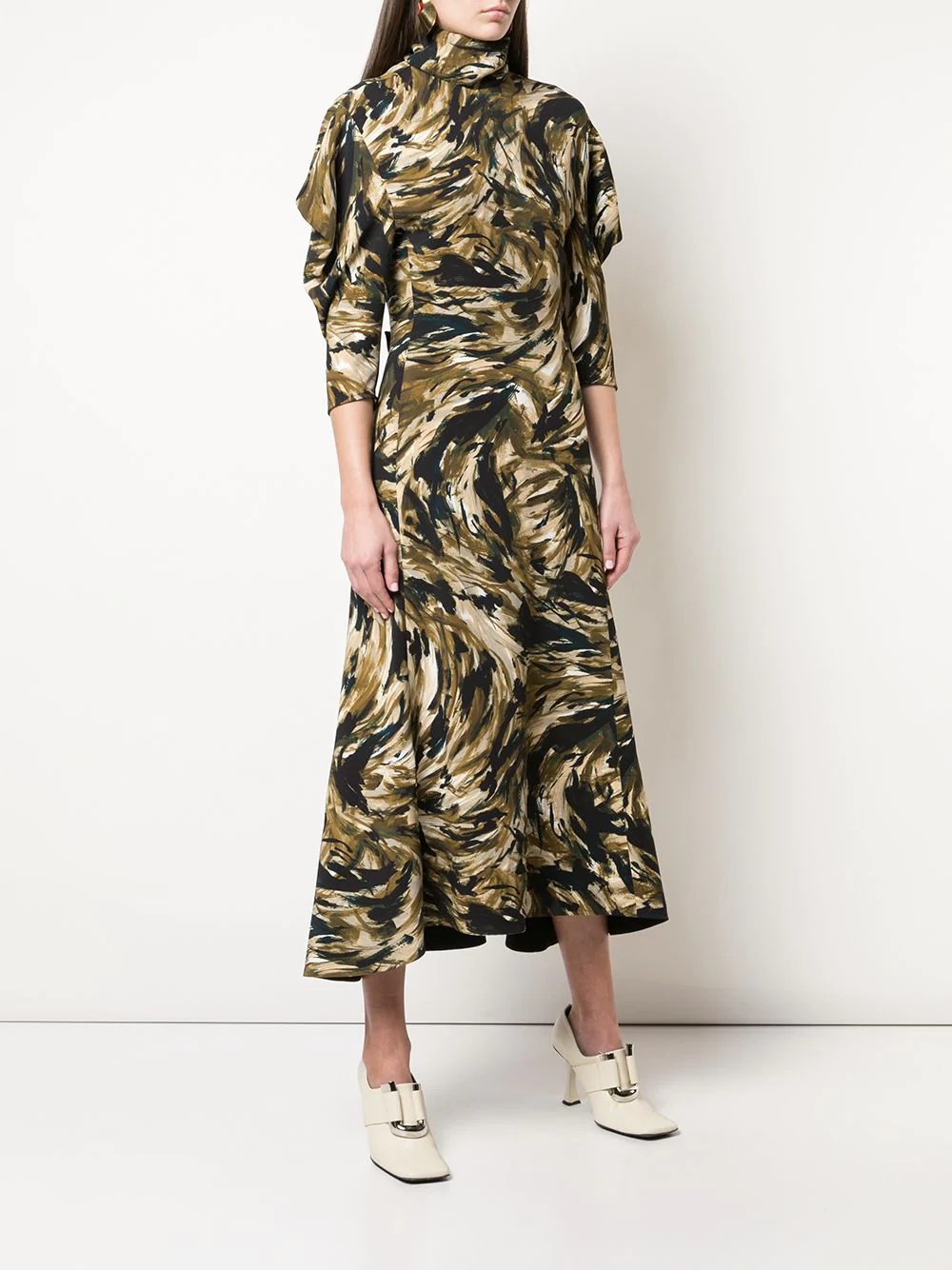 feather print draped sleeve dress - 3