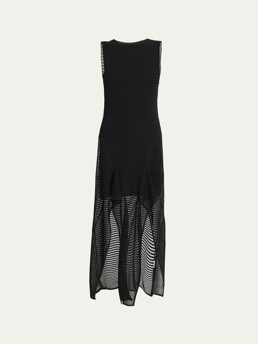 Ladder Knit Sleeveless Ruffle-Slits Midi Dress - 1