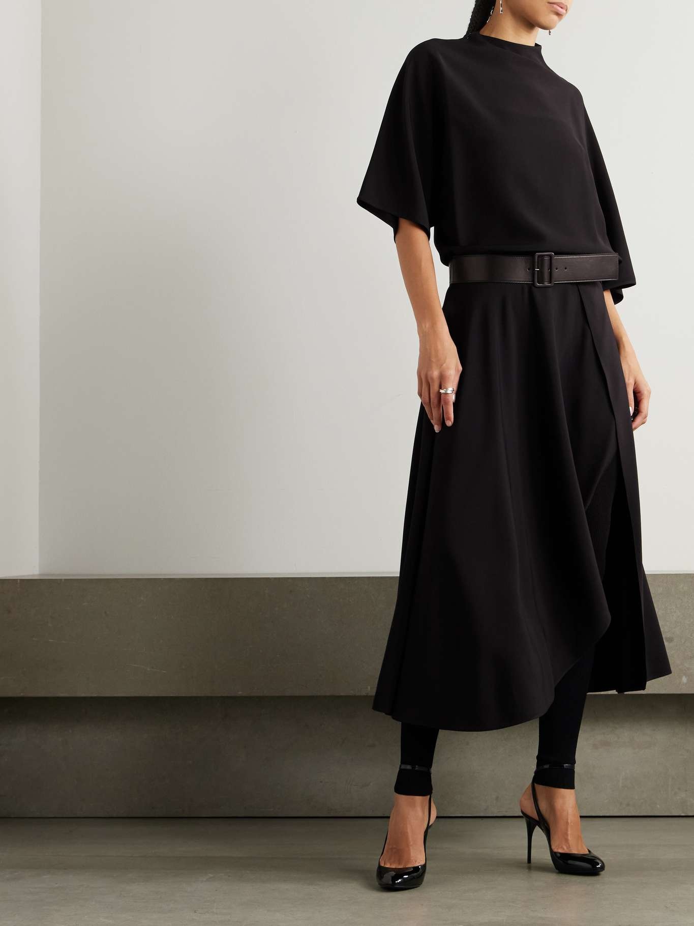 Asymmetric draped leather-trimmed cady midi dress Black - 2