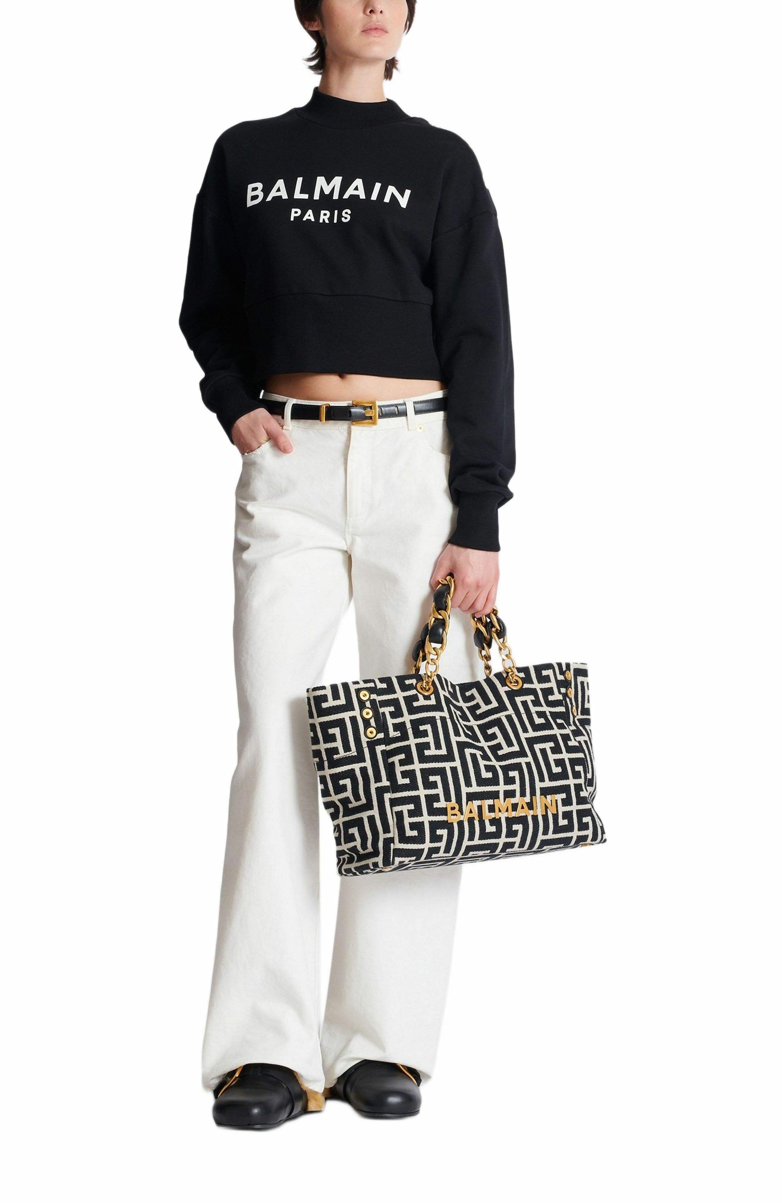 Balmain 1945 Soft PB-monogrammed jacquard canvas tote bag in Black at Nordstrom - 5