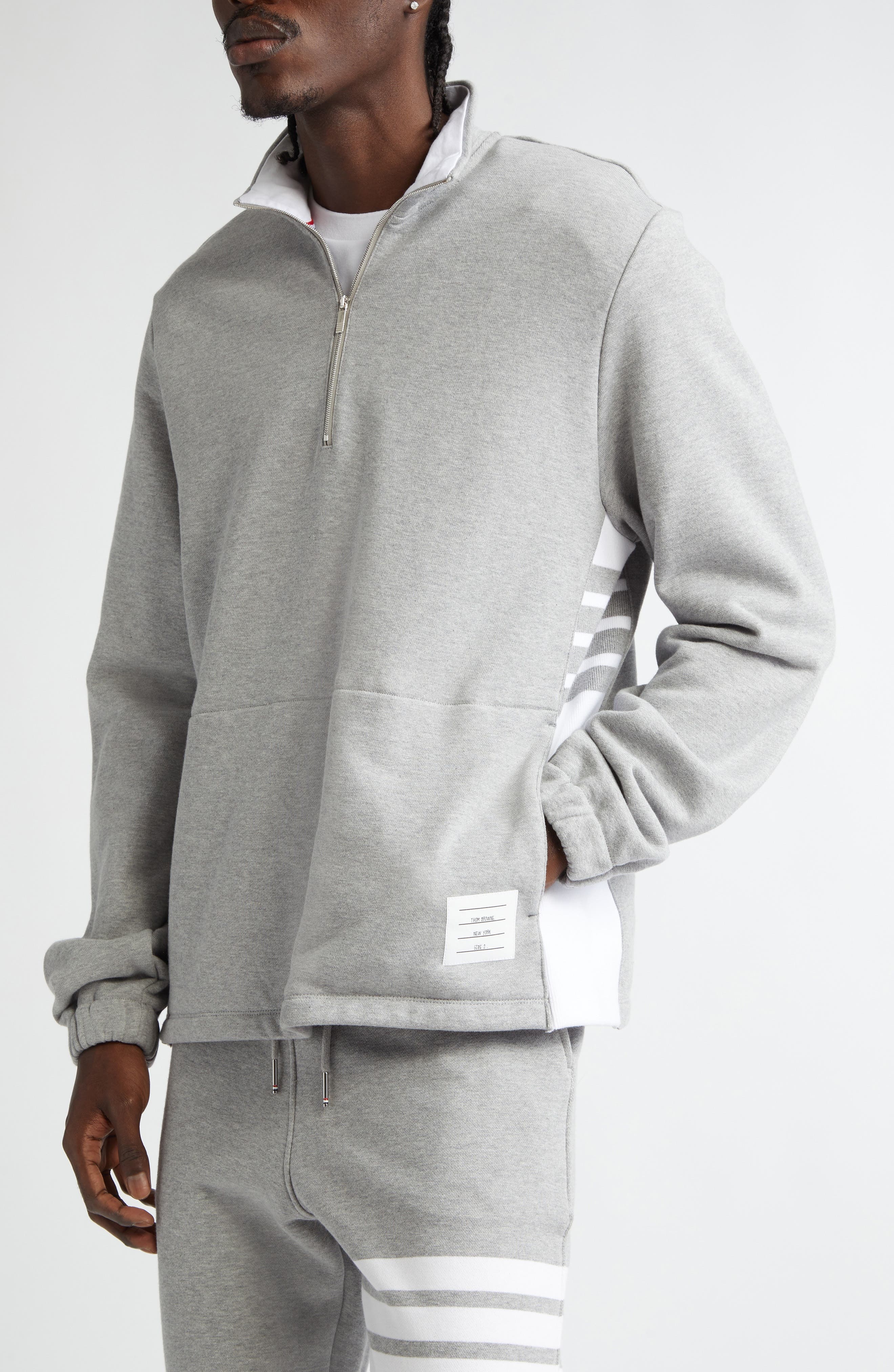 Thom Browne 4-Bar Stripe Funnel Neck Half Zip Sweatshirt in Light Grey at Nordstrom - 5