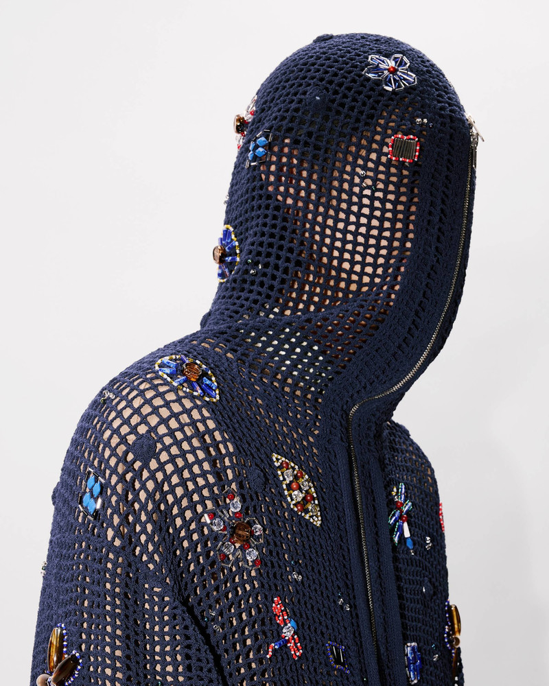 Oversized embroidered zip-up knitted hooded sweatshirt in cotton mesh 11