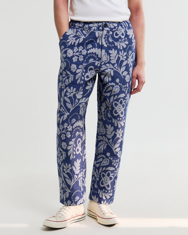 Wax London Kurt - Blue And Ecru Floral Jacquard Relaxed Fit Trousers outlook