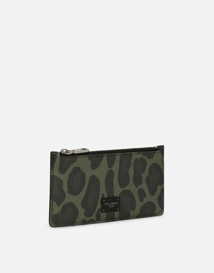 Dauphine calfskin card holder with leopard print against a green background - 2