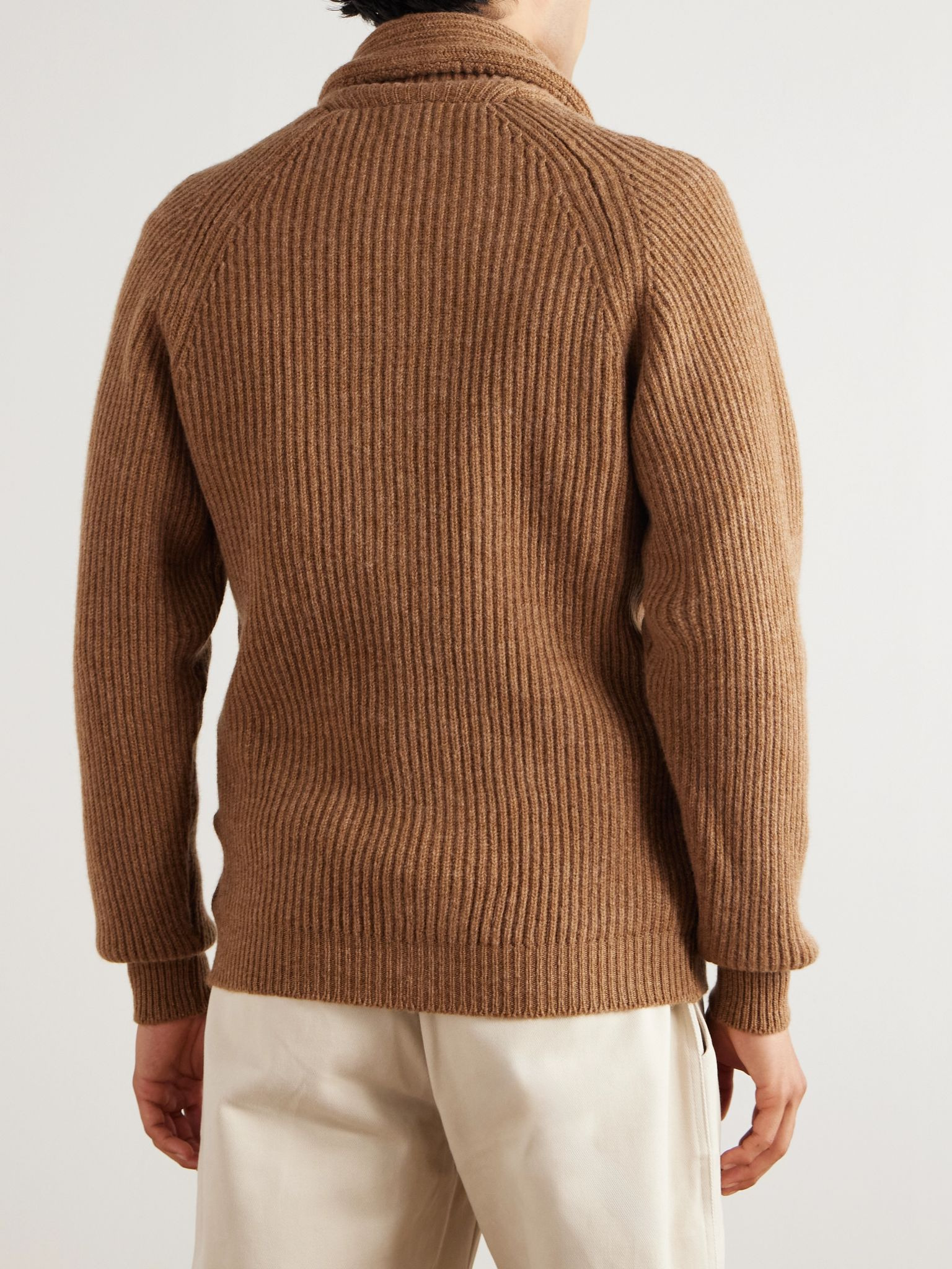 Slim-Fit Shawl-Collar Ribbed Wool Cardigan Brown - 4