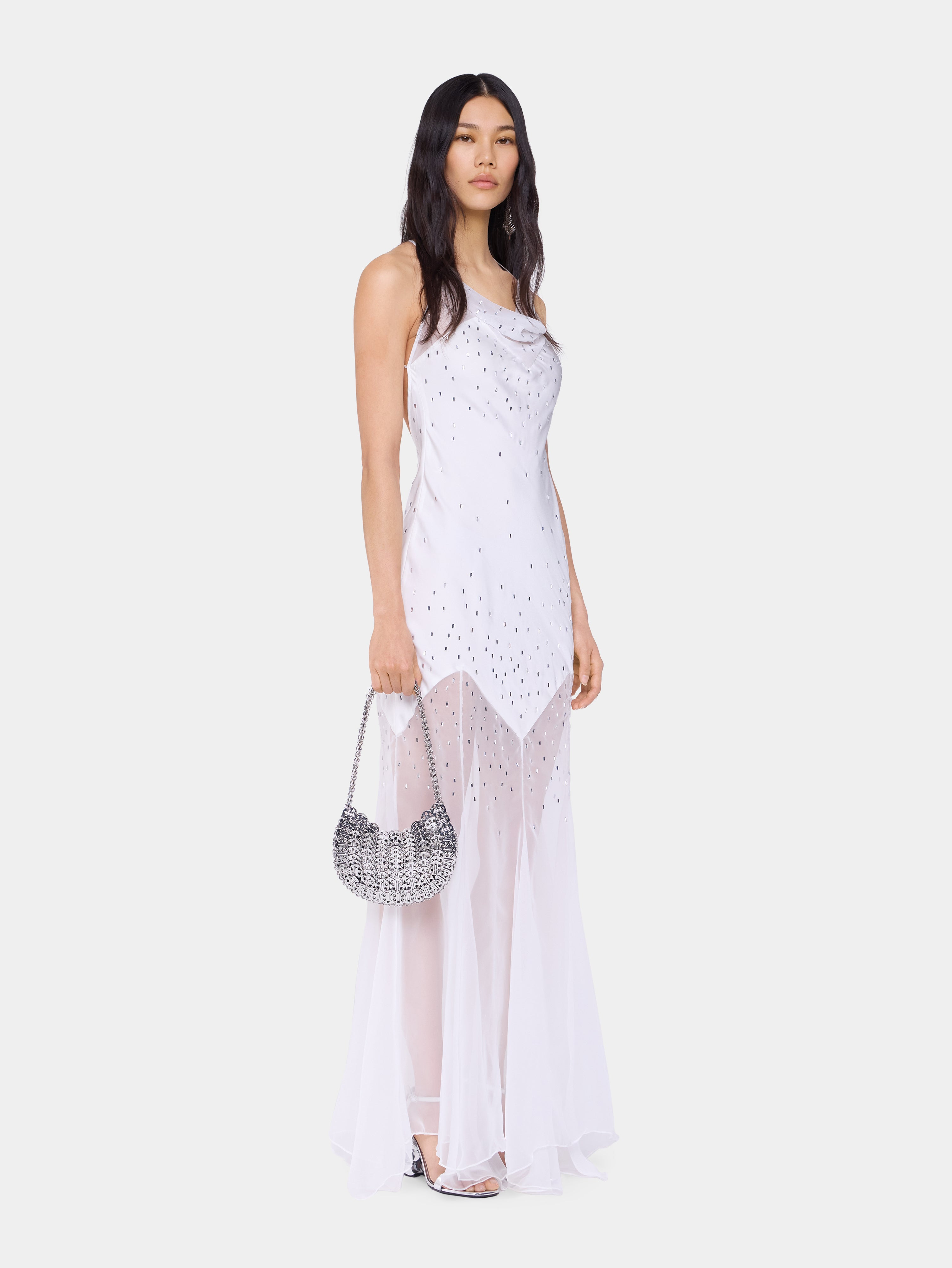 WHITE LONG DRESS SLEEVELESS IN MUSLIN AND SATIN - 3