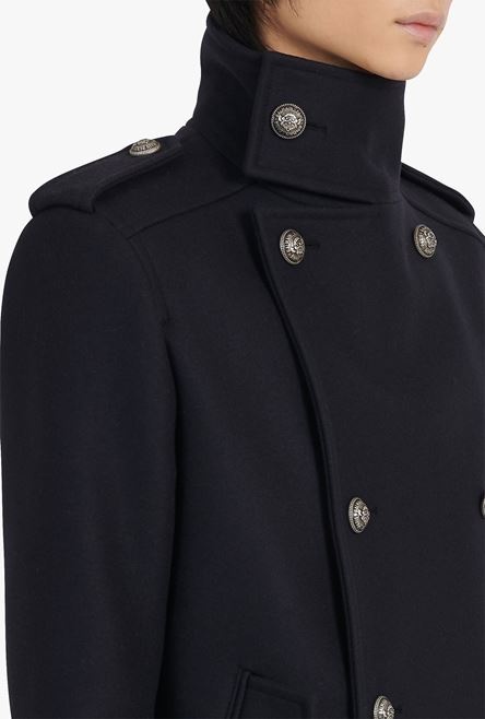 Blue wool military pea coat with double-breasted silver-tone buttoned fastening - 9