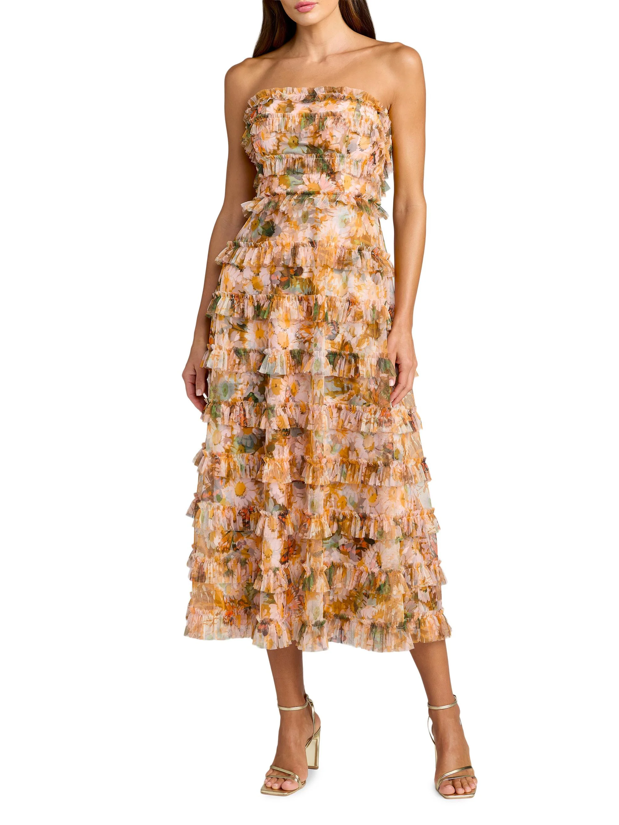 Women's Ruffled Strapless Maxi Dress - Gold Multi - 1