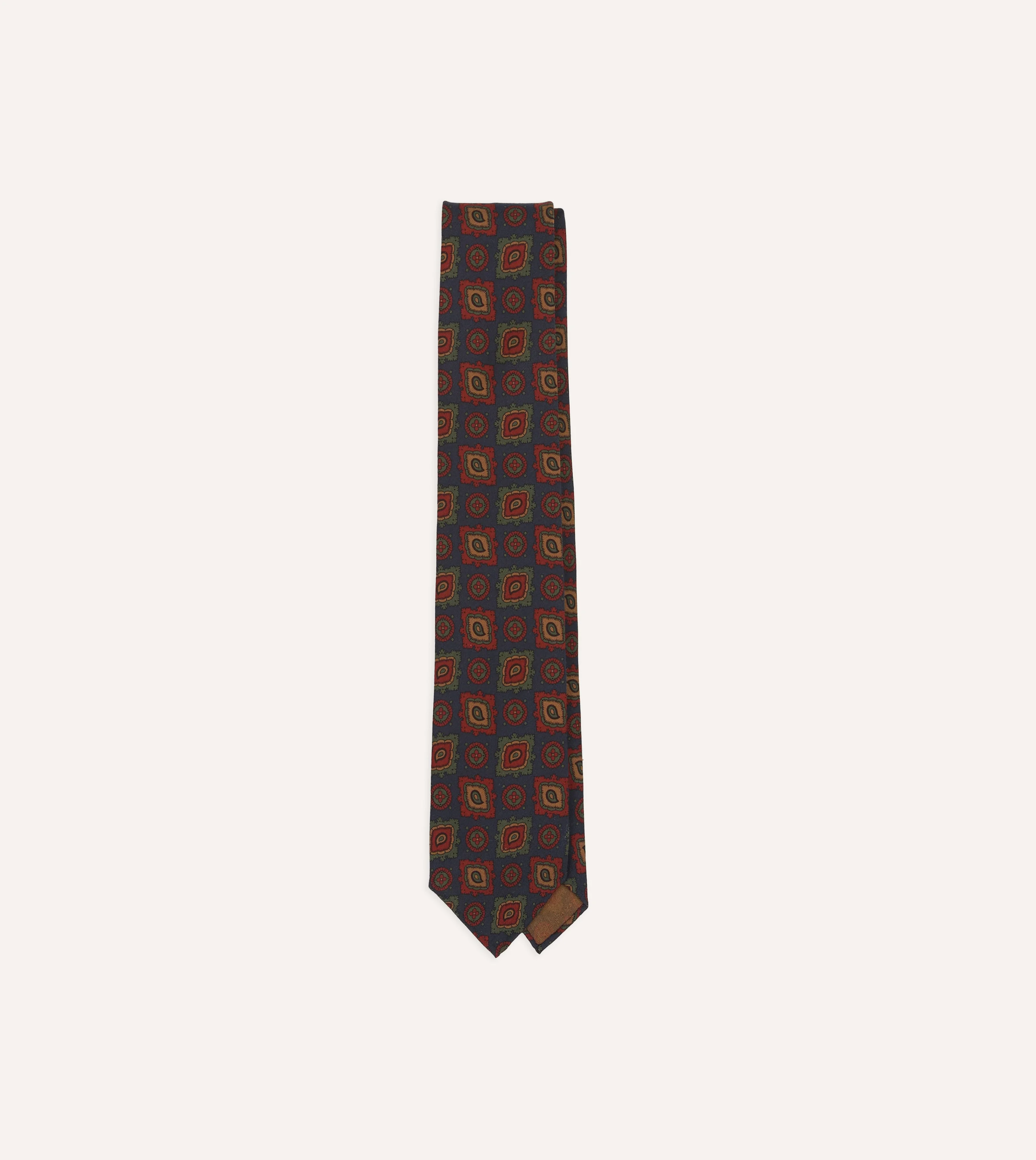 Navy Paisley Medallion Print Wool-Silk Hand Rolled Tie - 1