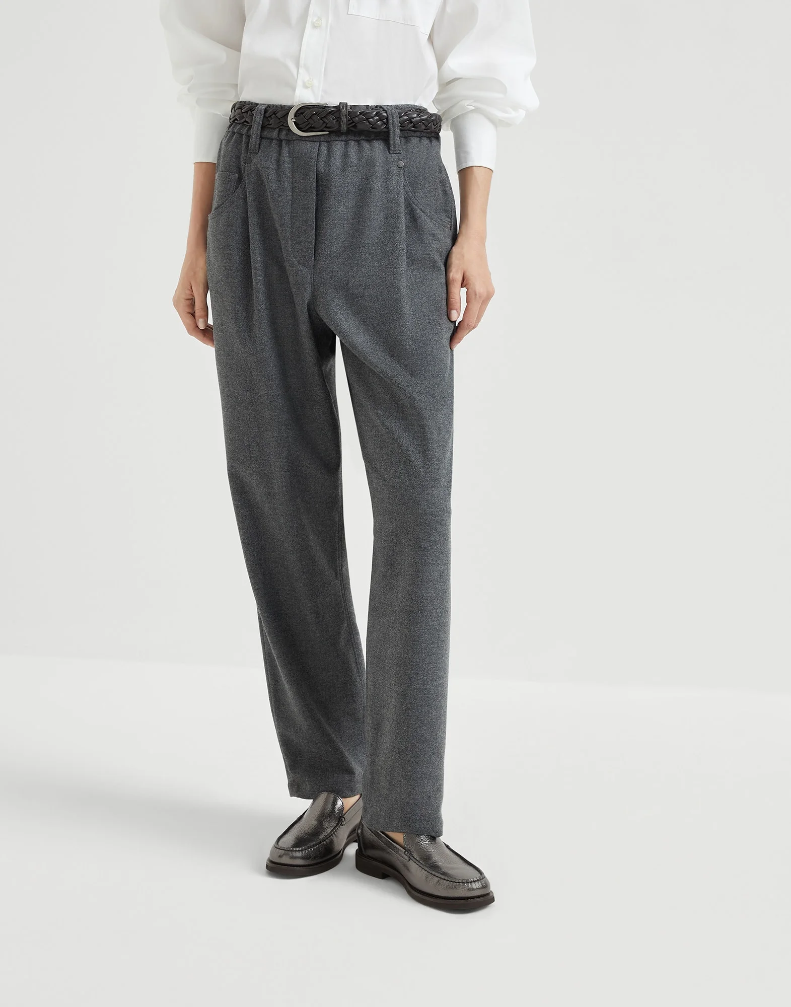 Virgin wool and cashmere twill flannel baggy trousers with monili - 1