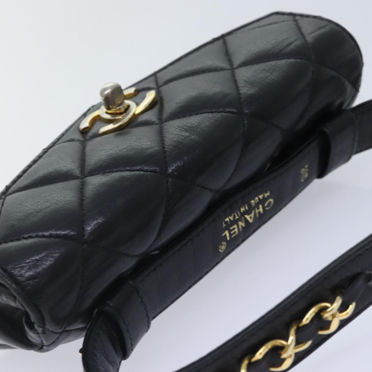 CHANEL Matelasse Waist Bag Lamb Skin Black Gold CC - 6