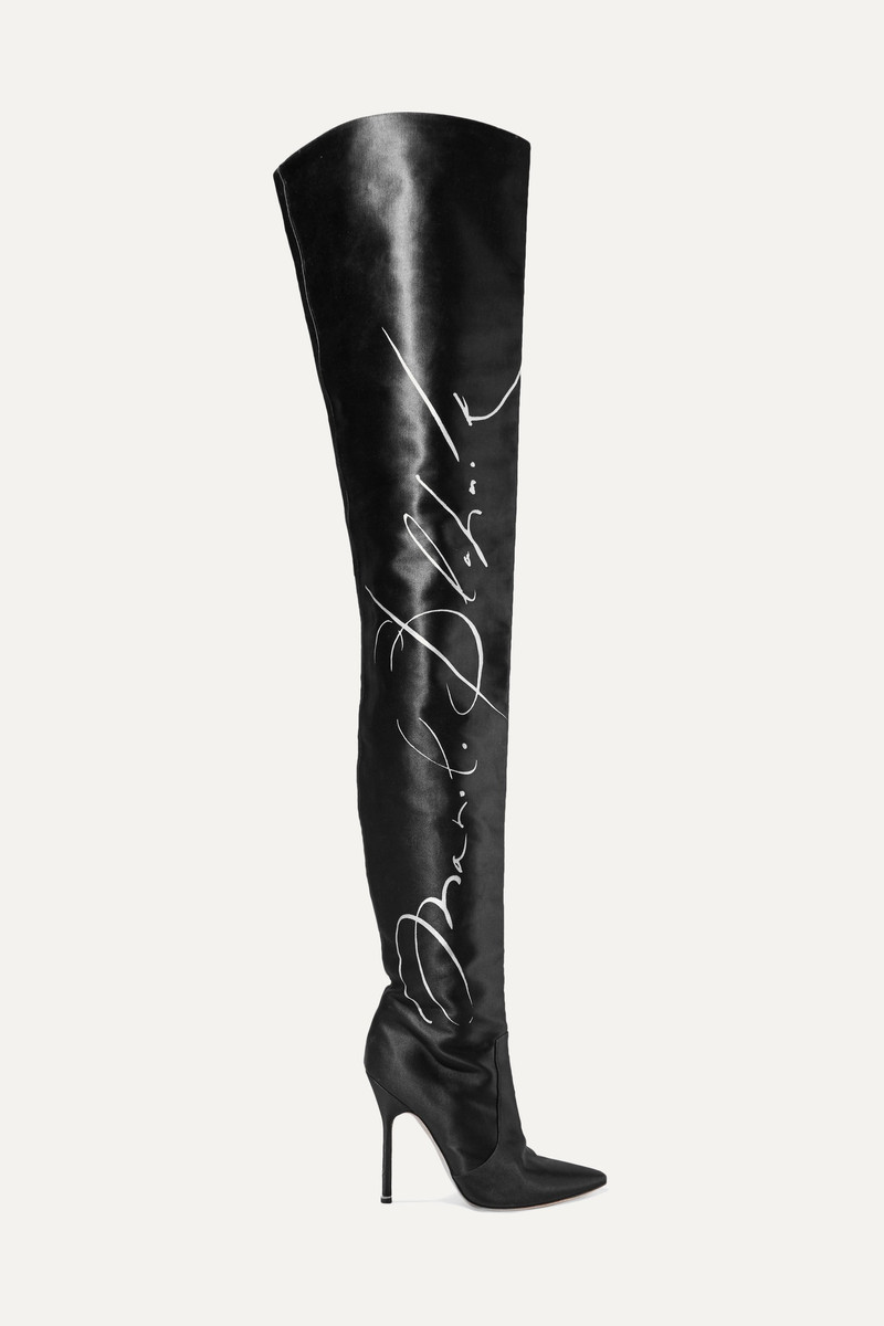 + Manolo Blahnik printed satin thigh boots 1