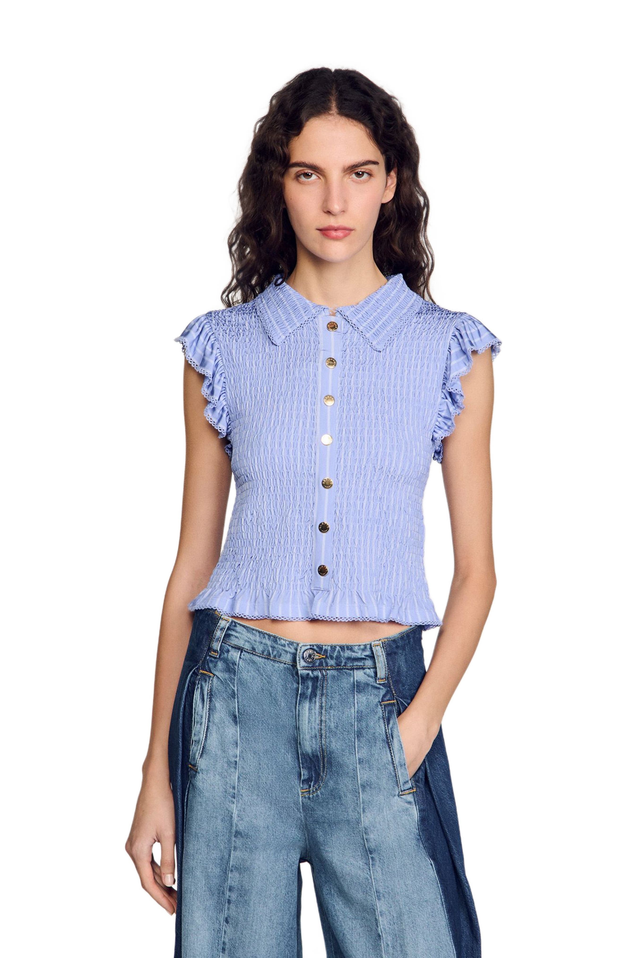 SANDRO Striped smocked T-shirt in Sky Blue at Nordstrom - 3